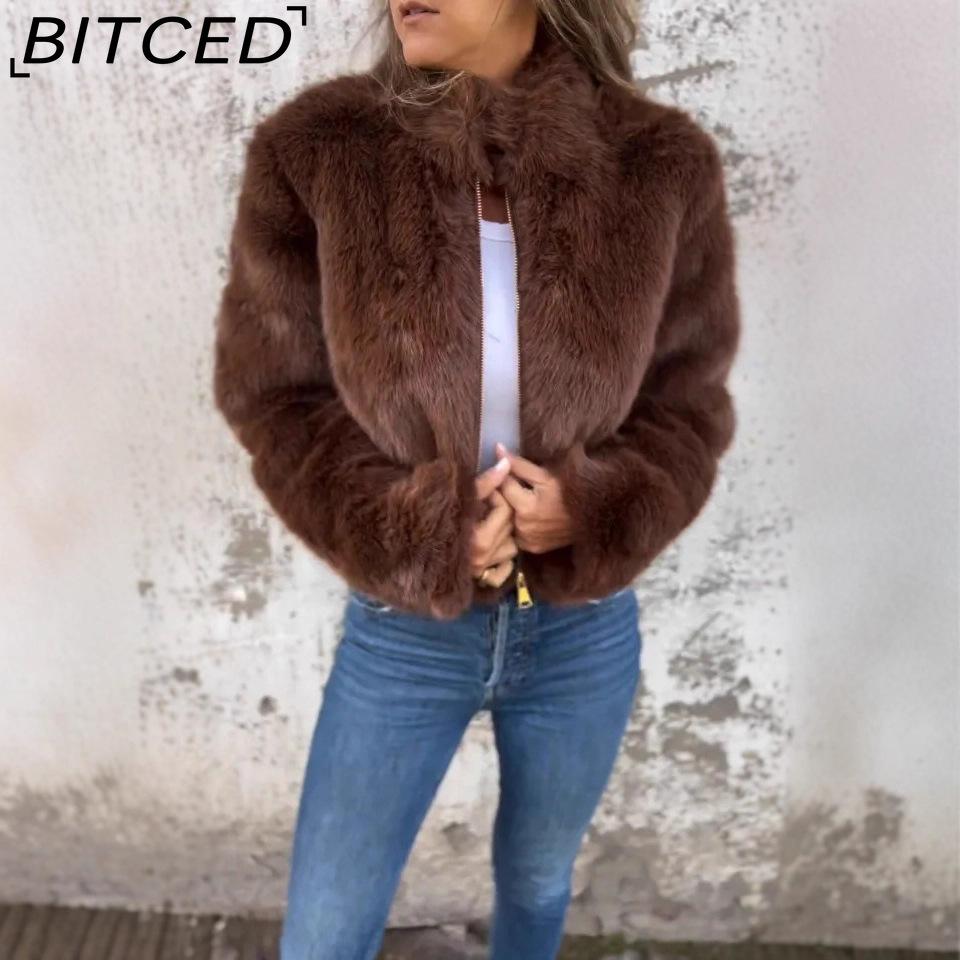 BITCED Women's Fall/Winter Imitation Fur High-Neck Zipper Casual Top Jacket