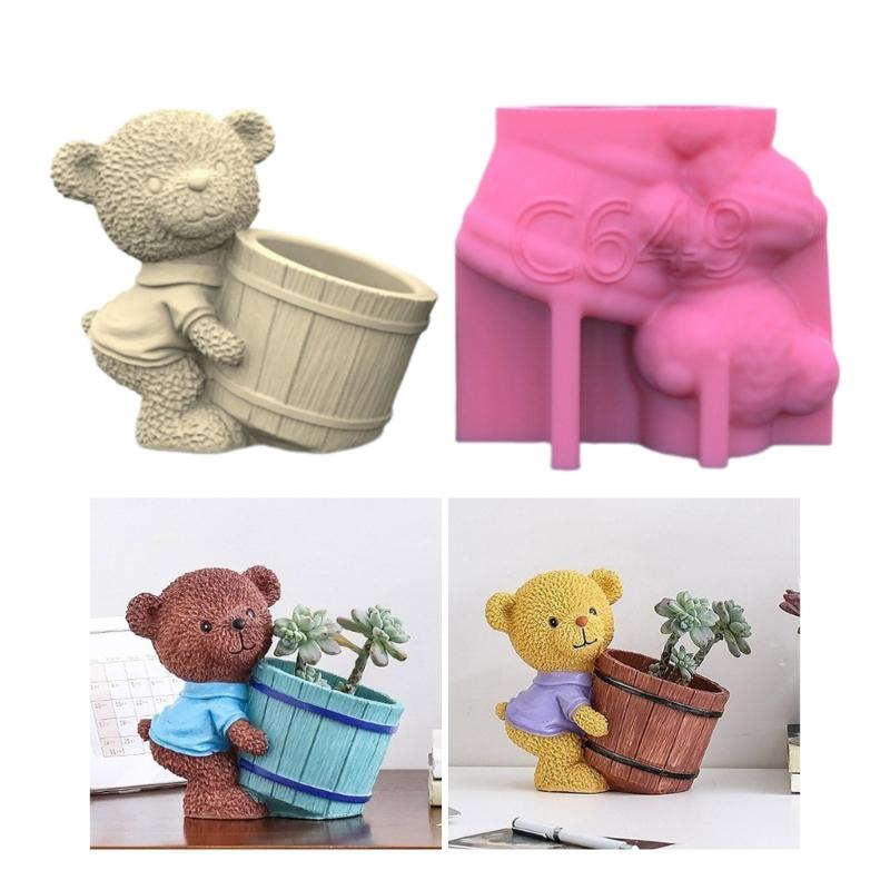 Succulent Flower Pots Mold Cartoon Bear Pen Holder Silicone Mould Concrete Plaster Planter Vase Mold Epoxy Resin Molds