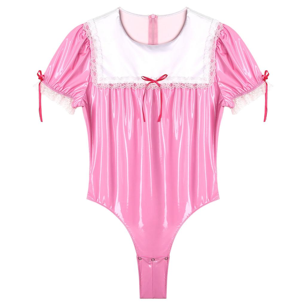 Costume cosplay da uomo Sissy Maid Crossdresser pagliaccetto con finiture in pizzo manica a sbuffo body con cerniera body in pelle verniciata