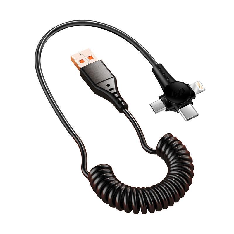 

6A Быстрая зарядка пружинный выдвижной 3-в-1 кабель Android Type-C spring cross, 1.5 meters, 1 to 3 чёрный