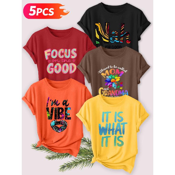 Five-piece set Elegant short-sleeved shirt for women Energetic Attitude Series Printed Round Neck Women's Short Sleeve Shirt Suitable for Spring and
