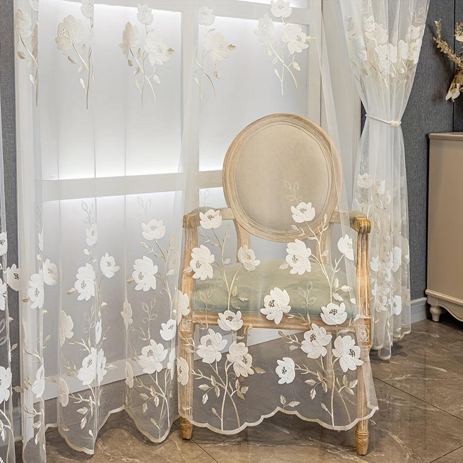2pcs of Countryside Embroidered Flower Pattern, Uv-Resistant Transparent Curtains, Suitable for Home Decoration In Living Rooms, Bedrooms