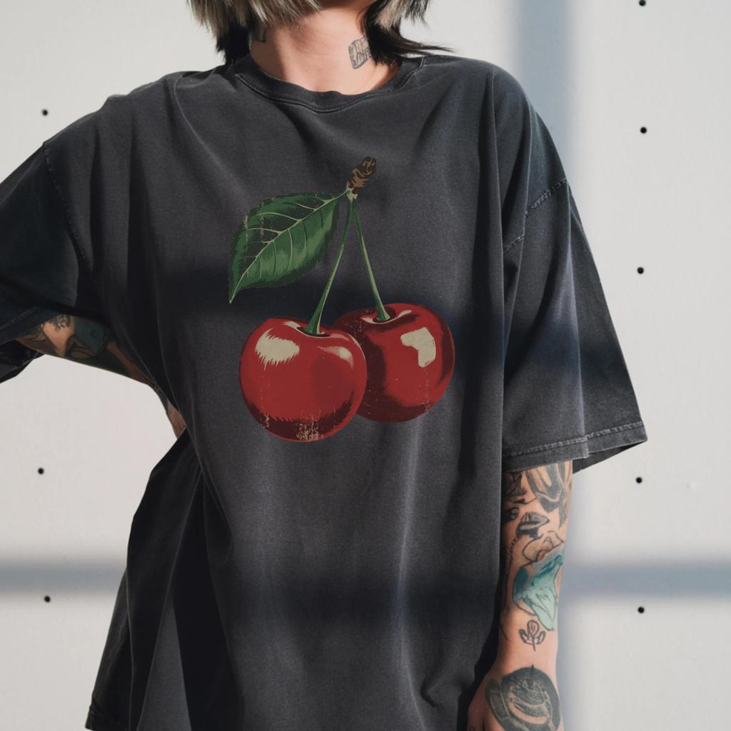 Plus Size Summer Womens Cherry Graphic TShirt Pure Cotton Breathable Stylish Versatile Street Style Oversized
