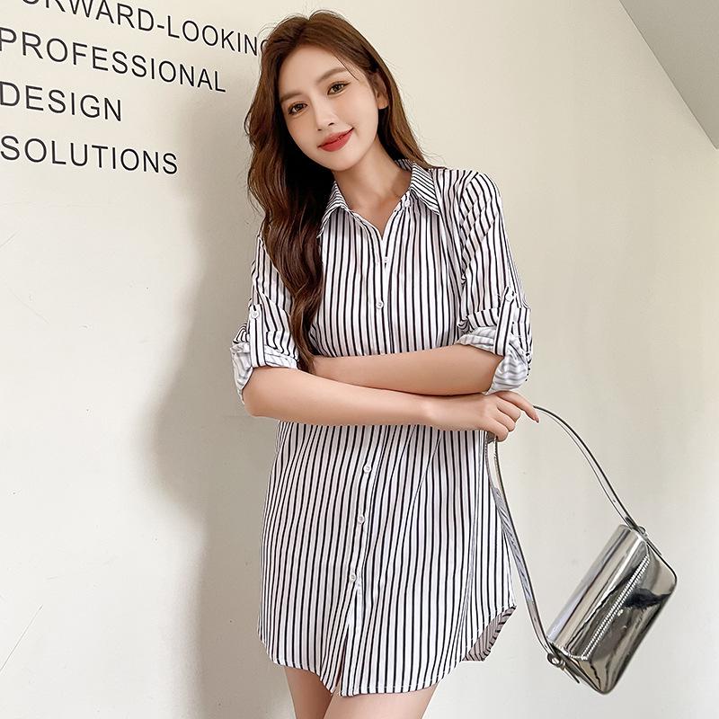 Korean Style Striped Midi Shirt Coat for Women – Spring/Autumn 2025 Collection