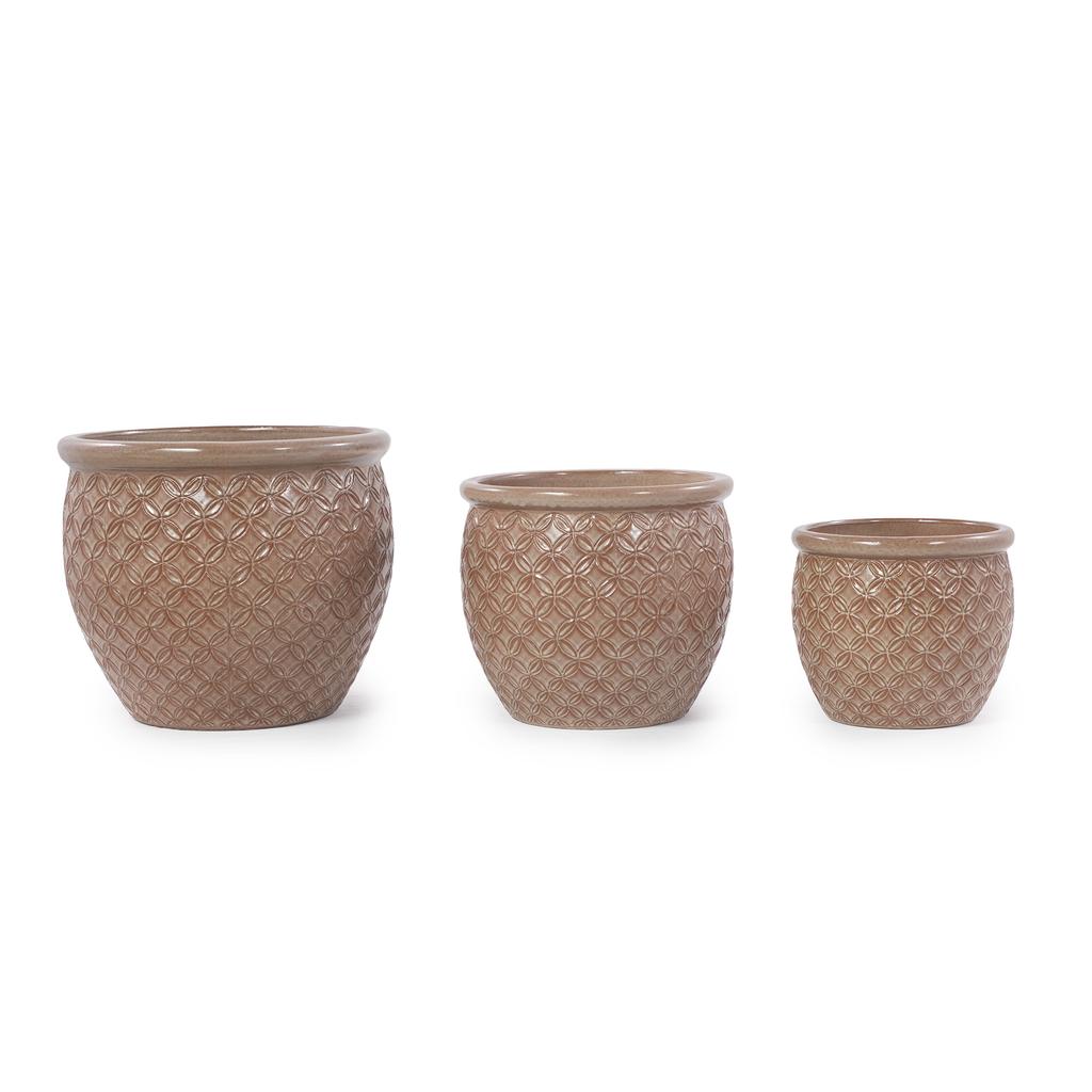 Single Handmade Ceramic Plant Pot (diameter 23 cm), Glossy Beige with Coin Relief, Breathable, Frost-Resistant, with Drainage Holes for Balcony Plants