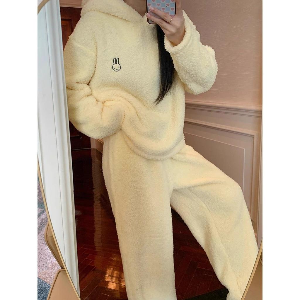 Cute Rabbit Half-velvet Hooded Pajamas Women Can Wear Warm Home Service Suits In Winter