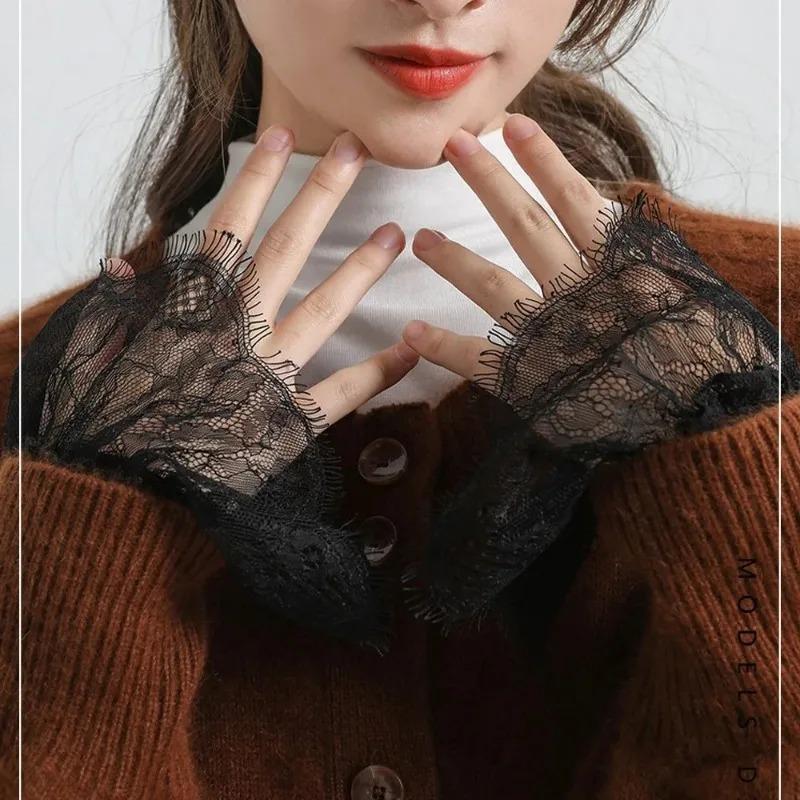2pairs Mesh Lace Sweater Decorative Sleeves Women Black White Ruffles Elbow Mittens Cuff Detachable Wedding Dress Fake Sleeves