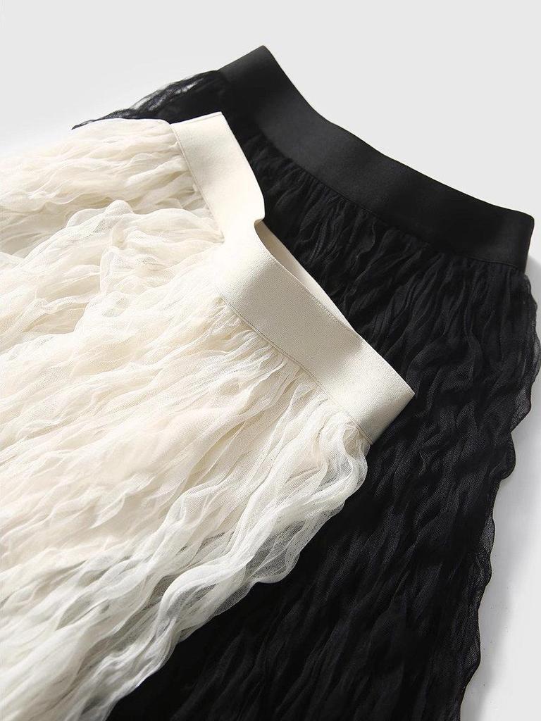 2026 Summer Elegant High Waist Mesh A-line Skirt with Wave Pleats for Women