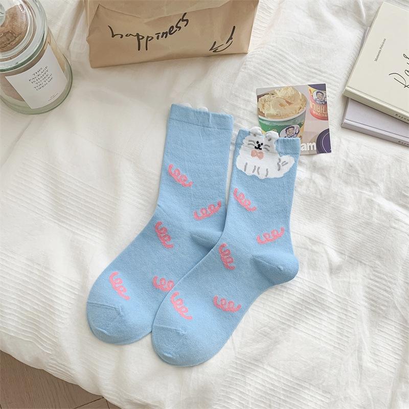 Three-Dimensional Cartoon Animal Socks Medium Tube Socks Hand-Painted Tide Socks Girl Dot Color Matching Pure Cotton Boneless Socks