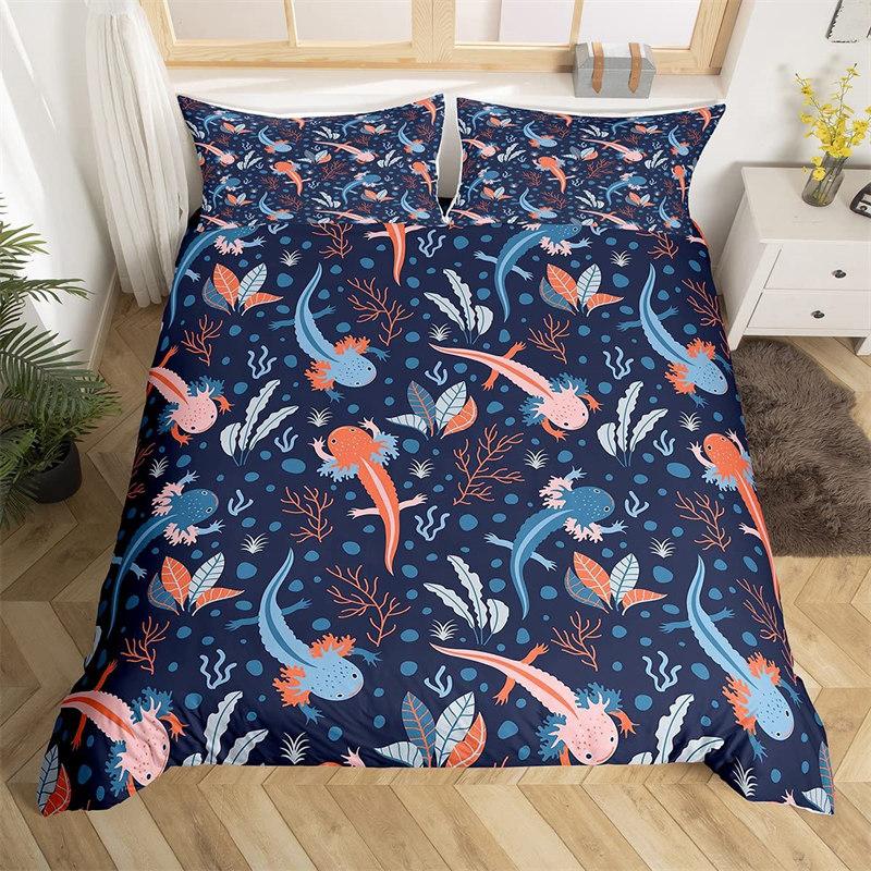 Cartoon Axolotl Duvet Cover Full For Kids Boys Girls Toddlers Kawaii Axolotl Bedding Collection Cute Sea Weed Coastal Comforter Cover
