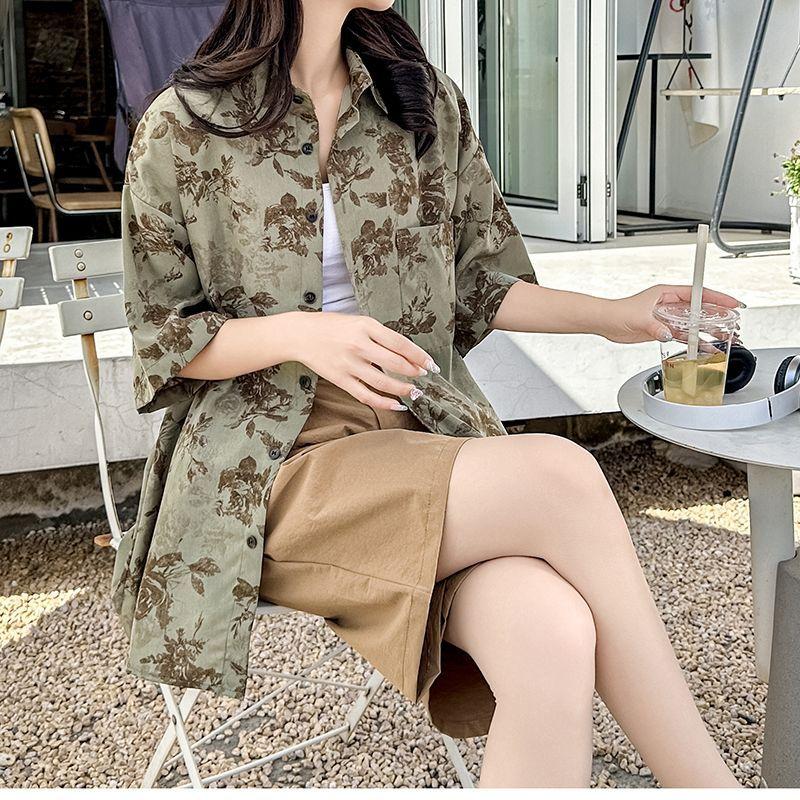 Summer New Green Women's Short Sleeved Chic Printed Loose Single Breasted Jacket Retro Versatile Ladies Shirt