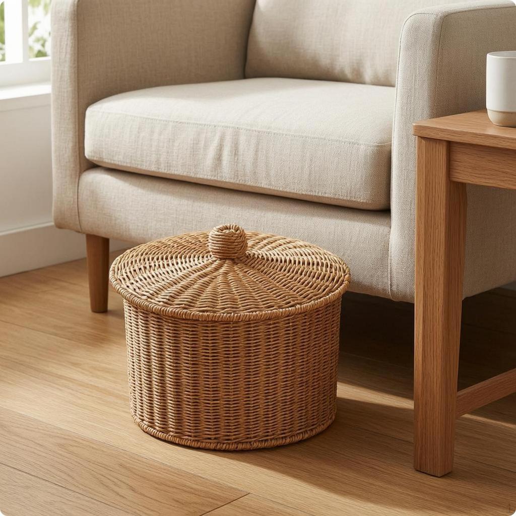 Round Rattan Lid Hand-Woven Braided Hollow Design