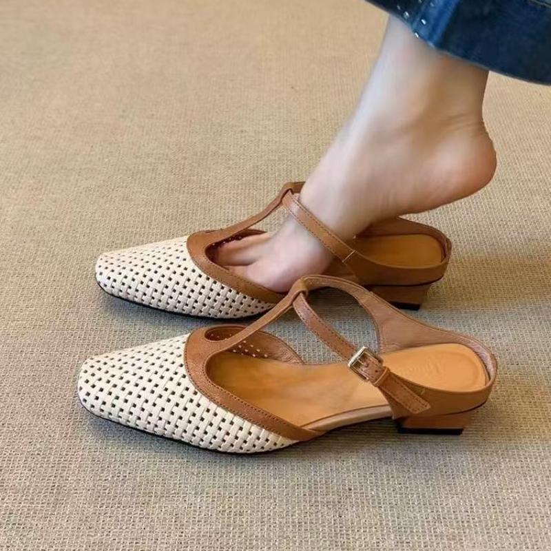 2025 Summer New Women's Hollow-out Cow Leather Metal Buckle Slip-on Mary Jane Flats Slides Sandal Elegant Ladies Shoes