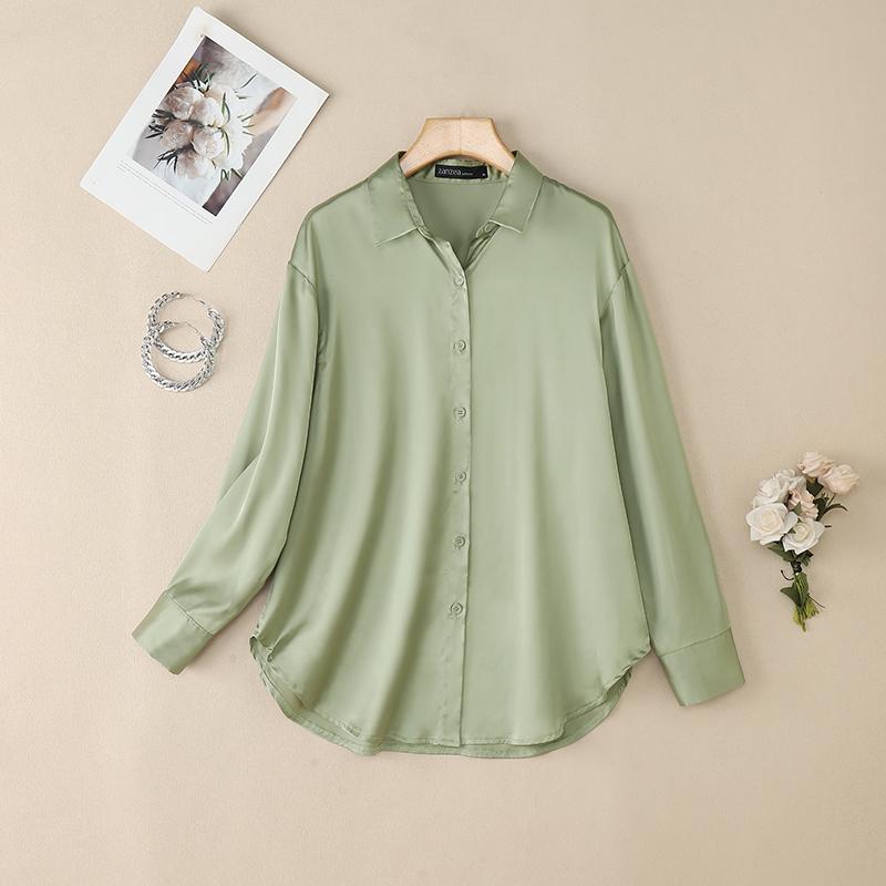 

ZANZEA Женская повседневная блузка с отложным воротником, свободного кроя, с длинным рукавом, однотонная 3XL зелёный