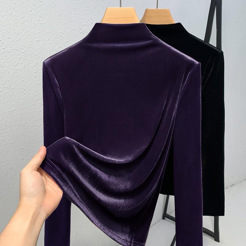 Velvet Bottoming Shirt Women's New Women's Clothing Temperament Semi-turtleneck Shirt with Waist and Long-sleeved Top.