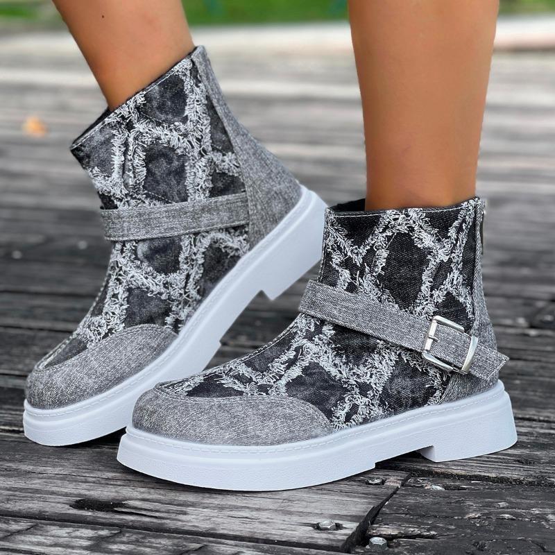 2025 Winter New Ankle Boots Women Flats Boots Belt Buckle Checkered Fashion Designer Trend Women Shoes Cozy Casual Boots