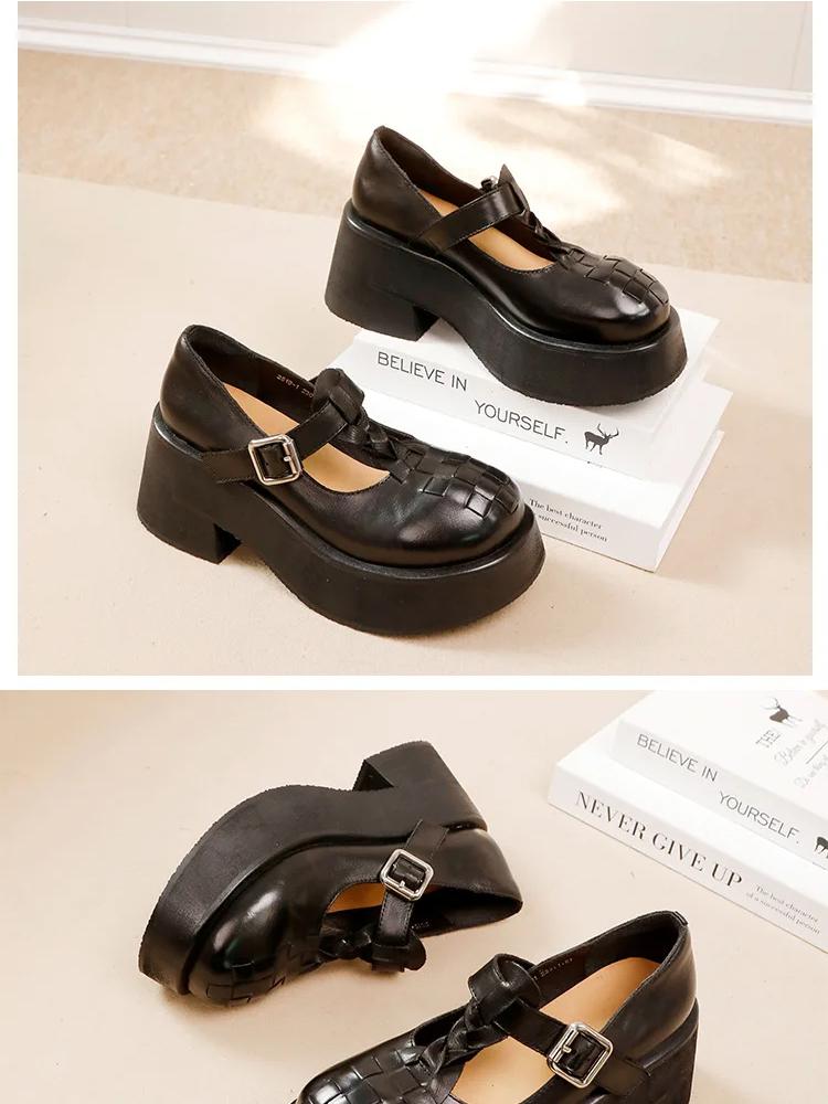 Johnature Escarpins Haut de Gamme en Cuir de Vache à Boucle en T Peu Profonde Rétro Semelle Épaisse Fait Main Chaussures à Plateforme pour Femmes