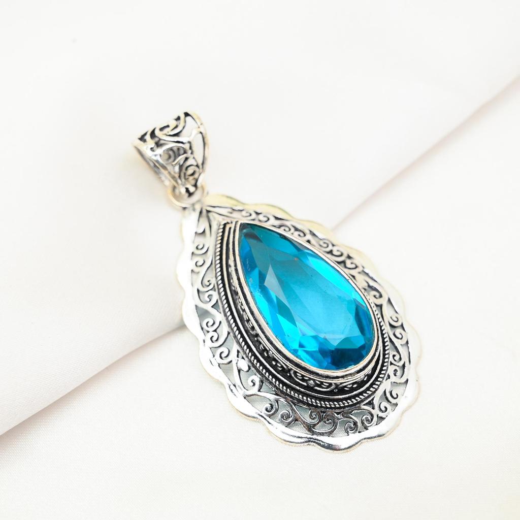 Blauer Topas Anhänger, 925 Sterling Silber Edelstein Schmuck, handgefertigter Anhänger, für Thanksgiving