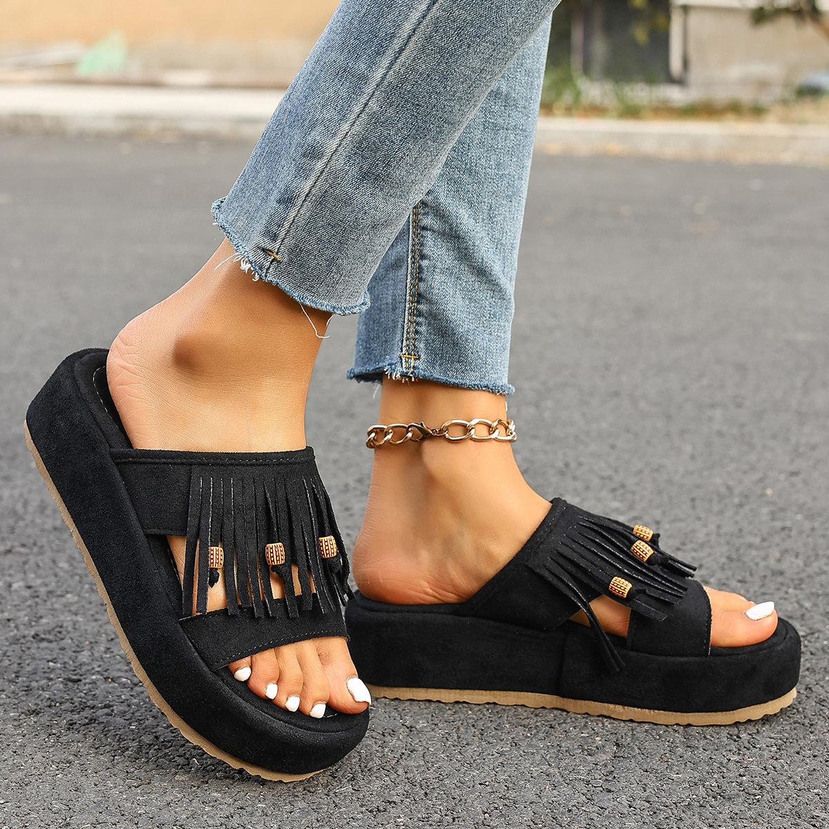 

2026 Summer Fashion Women Round Toe Slip on Platform Plus Size Shoes for Women 36-42 Tassel Non-slip Flat Sandals Beach Slippers 42 чорний
