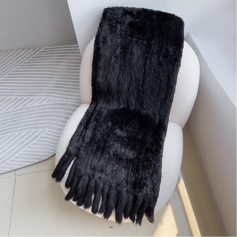 

Двусторонняя вязаная меховая шаль из натурального кроличьего меха Женская модель с кисточками, большой меховой шарф с карманами, зимний теплый меховой шарф на шею 200cm x 42cm чёрный