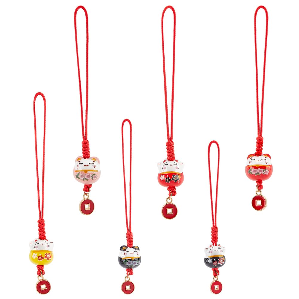 PH PandaHall Keychain Cell Phone Japanese Style Good Luck New Gift Maneki-neko (6 pieces) - Strap, Maneki-neko Keyring, Ceramic, Pendant, Charm,