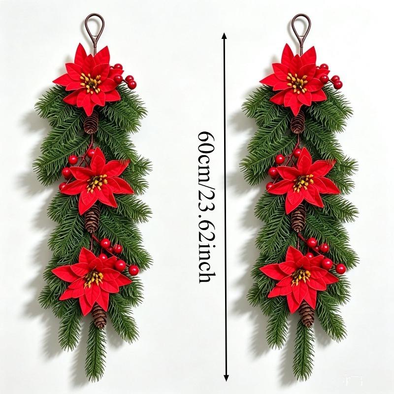 2PCS 60cm Artificial Christmas Hanging Vine Garland Poinsettia Pine Cone Red Berry Teardrop Rattan DIY Xmas Door Wall Decor