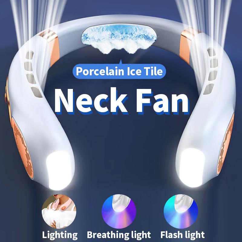 Wireless Neck Fan, Neck Cooling Device, Strong Wind with Silent Operation, Battery Durability, with Light, for Summer Cooling