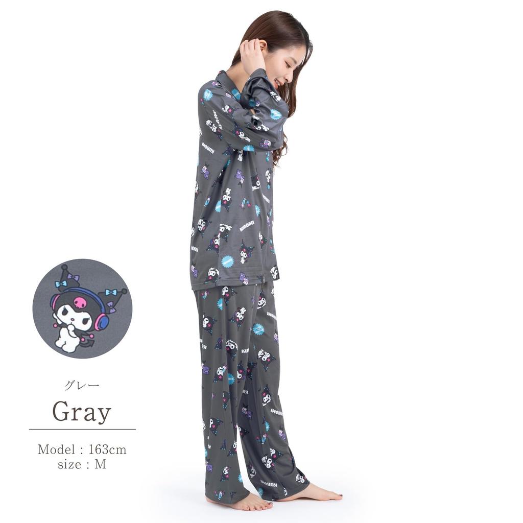 Kuromi Shirt Powder Long Long Top and Bottom Room MUSIC Kuromi [SAZAC] Pajamas, Stretch, Women's, Sleeves, Pants, Set, Wear, Loungewear,