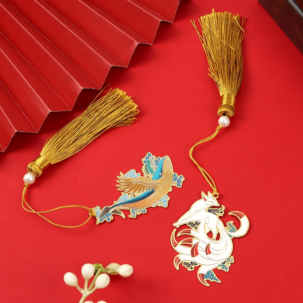Student Gift Metal Dragon Tiger Retro Tassel Pagination Mark Brass Bookmark Painted Book Clip
