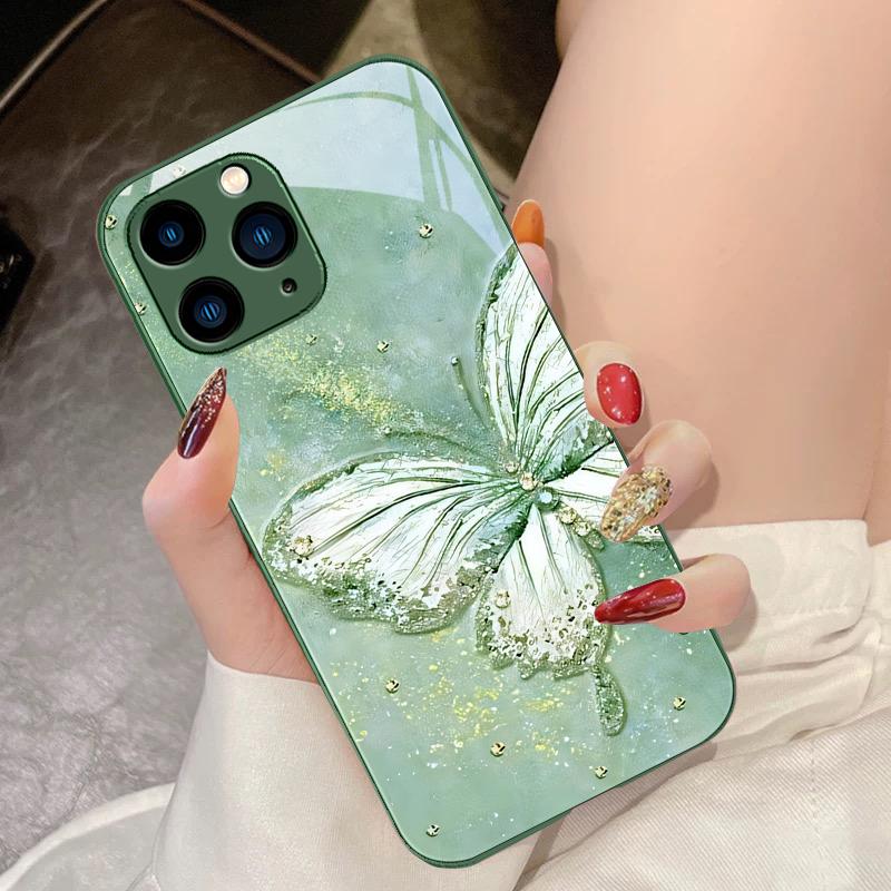 Fluture Curcubeu Verde Pentru IPhone 16 Pro Max 15 Pro 14 13 12 Mini 11 XS Max XR 7 8 Plus SE 2022 Carcasă Telefon din Sticlă Călită