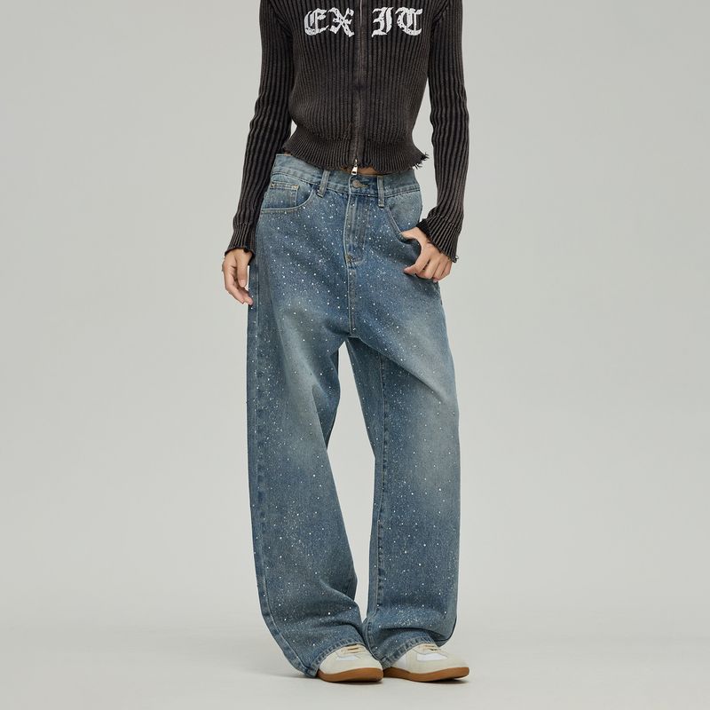 

Black of Exit American-Style Personality Splatter Ink Embellished Straight-Leg Jeans Basic Washed Blue Trendy Brand Long Pants for Men Blue X L