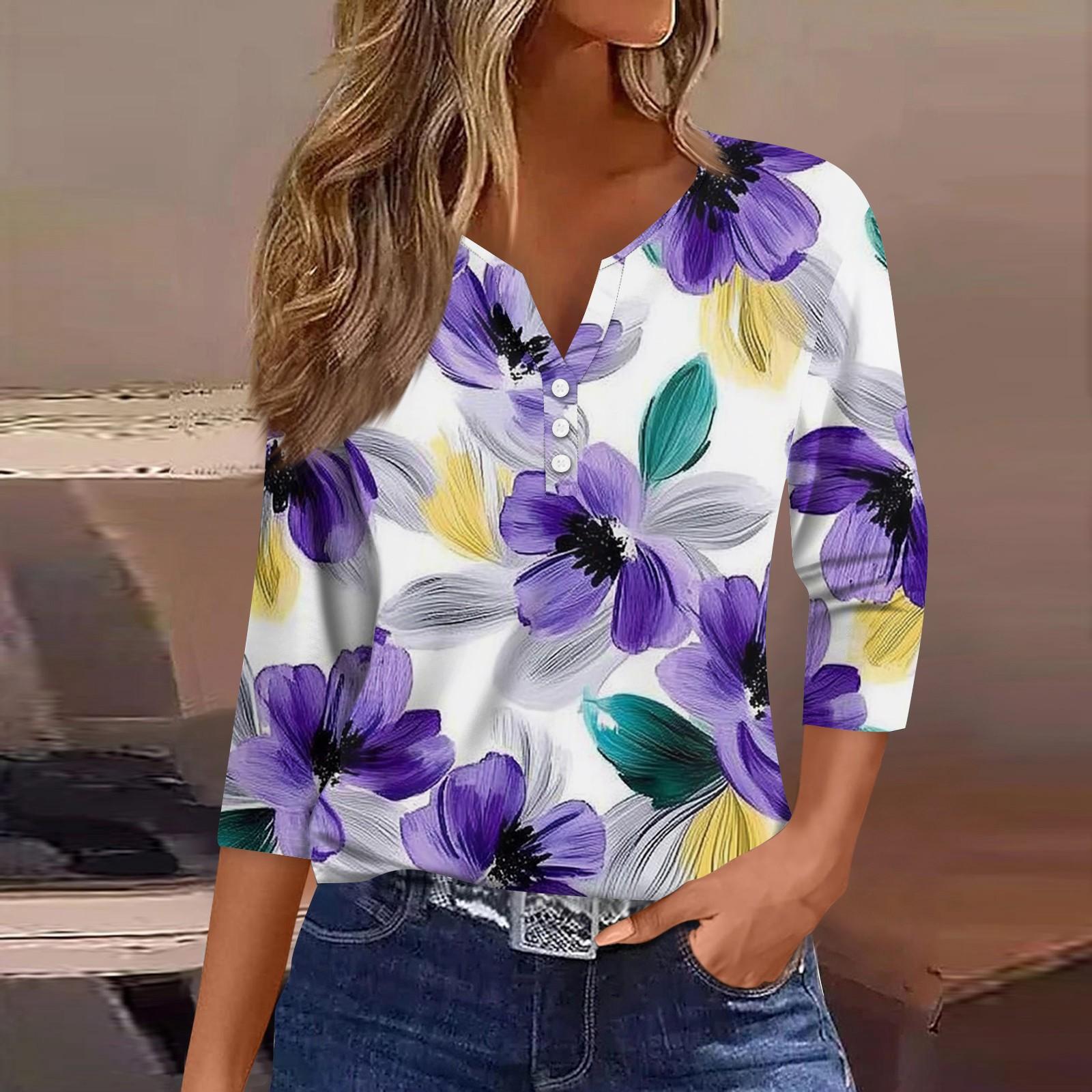 

Жен. Футболка Футболка С принтом Пуговицы Рукав 3/4 Повседневные Выходные Мода Классический V-образный вырез Обычный Топ XXXL фиолетовый