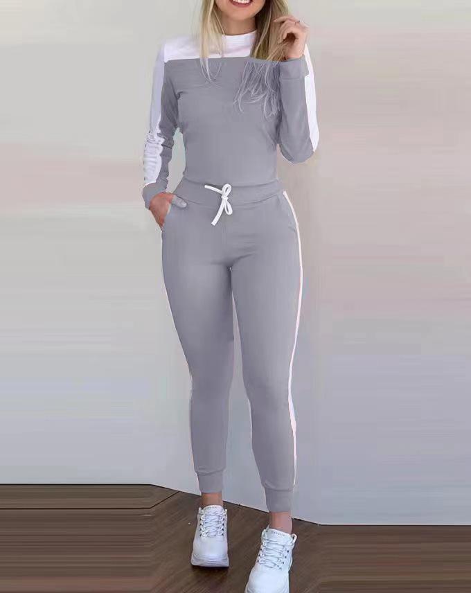 

Новый повседневный комплект для通勤 из лонгслива и брюк в стиле колор-блок Small светло-серый