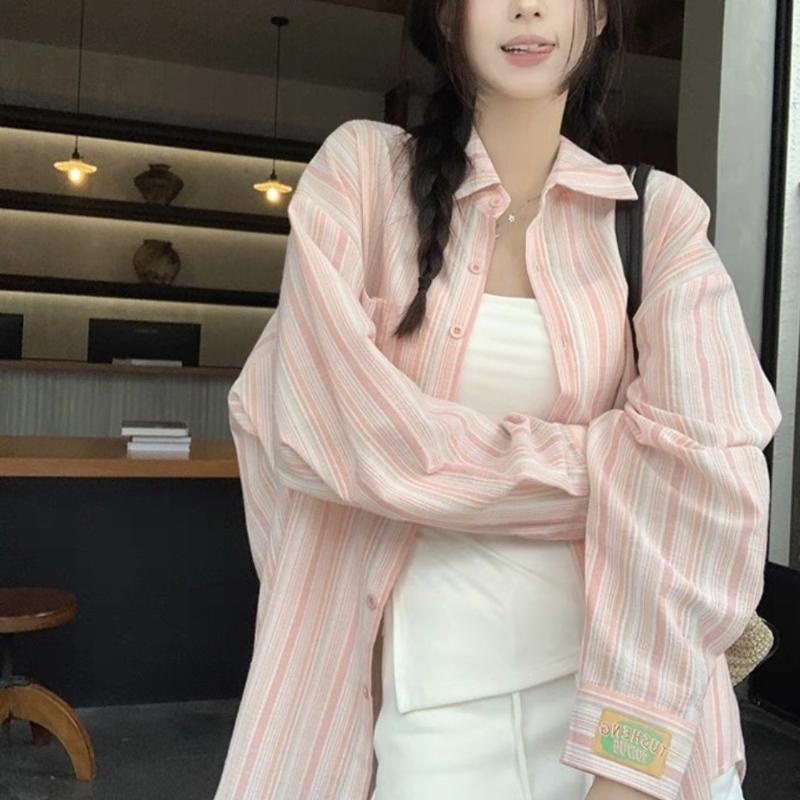 

Женская рубашка-поло Salt System Lazy Wind Striped с длинными рукавами и защитой от солнца, весна-лето 2025, новая свободная повседневная рубашка с тонкими секциями 2XL розовый