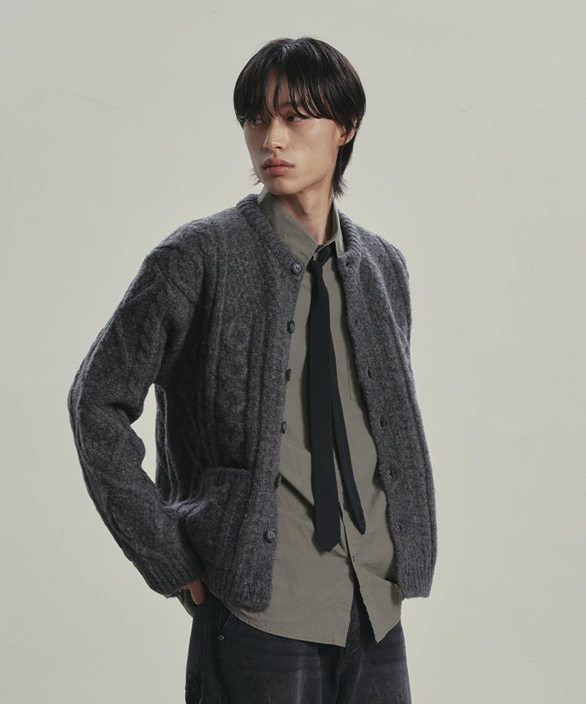 Knitted (Unisex) Bold Cable Round Knit Cardigan Charcoal