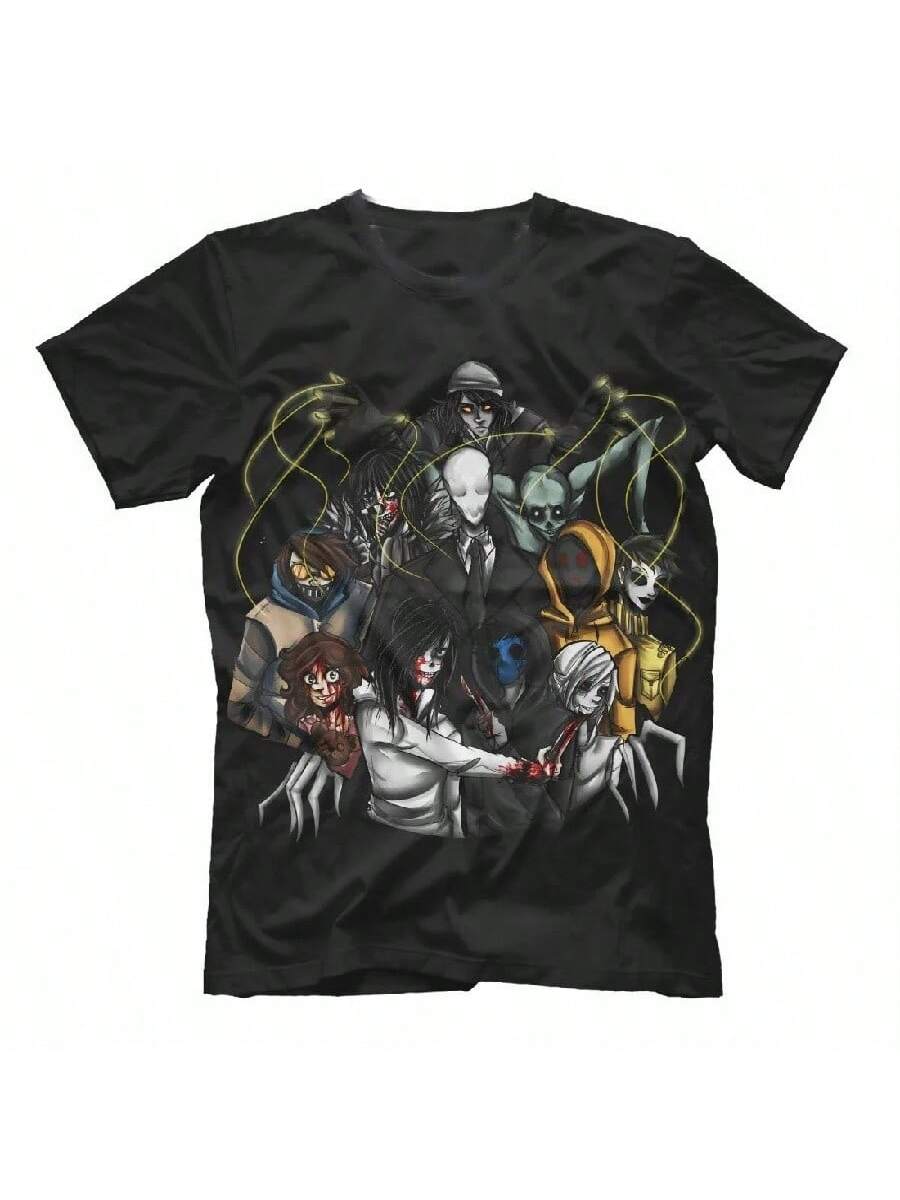 

SummerCotton Short Sleeve O-Neck Mens T Shirt New Creepypasta Horror Fear Scary Halloween T-Shirt Round Collar Harajuku Crewneck XXXXXL чорний