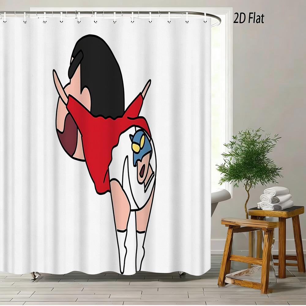 Crayon Shin-Chan Running & Cheering On Mountain Top 2D Print Waterproof Shower Curtain, Minimalist Blue Sky Bathroom Decor With