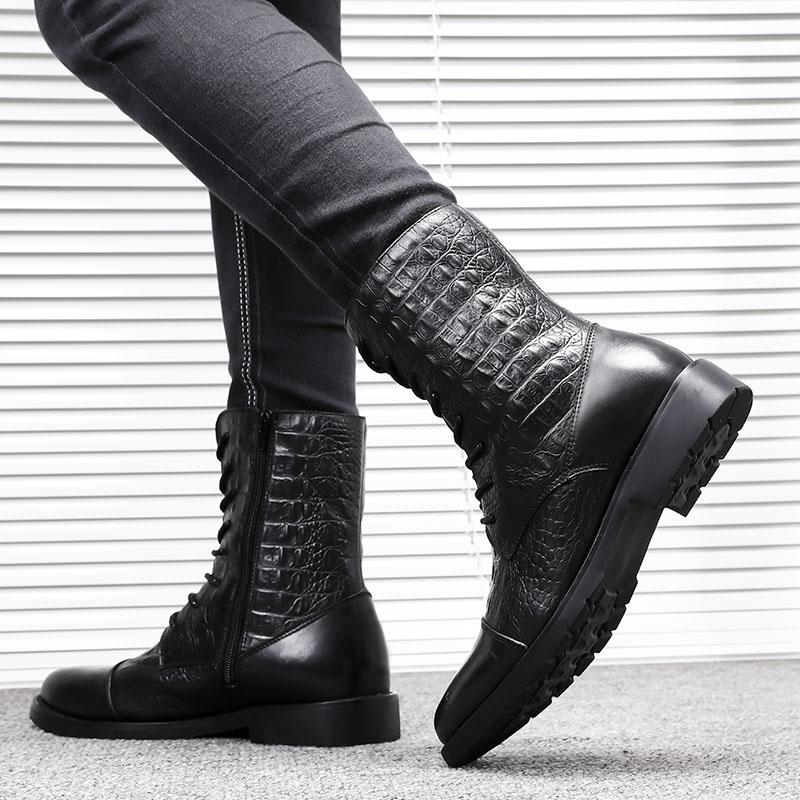 Fashion Winter High Quality Pointed Toe Mens Mid-calf Boots Genuine Leather Men's Boots Long Tube Mens Winter Warm Plush Motorized Boots