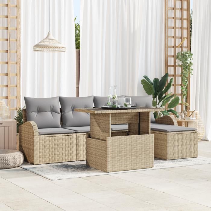 VidaXL Ensemble de Canapés de Jardin de 6 pièces avec Coussins Beige en Rattan Poly 3348626