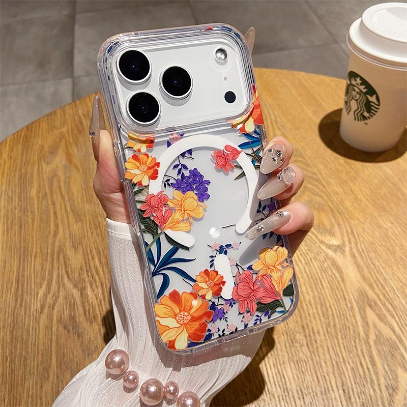 for IPhone 17 Air 16 15 14 13 12 Pro Max Clear Hard Acrylic Cover Luxury Glitter Flower for Magsafe Wireless Charge Magnet Case