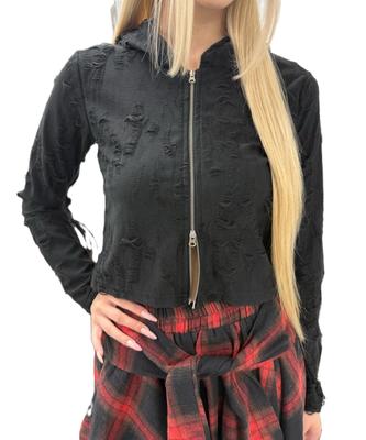 WEGO Figments Zip Černá Mikro-Poškozená Mikina s Kapucí, Dámská,