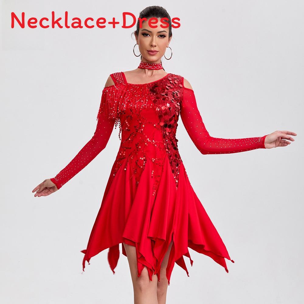 Vestido de Danza Latina Disfraz de Actuación Con Lentejuelas Manga Larga Flecos Para Mujer