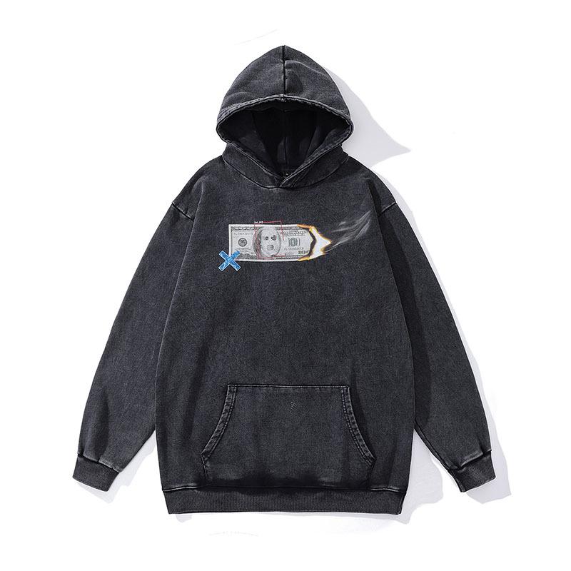 American Retro Hooded Sweater Men And Women Couple Butterfly Print Washed Old Hip Hop Jumper Hoodie