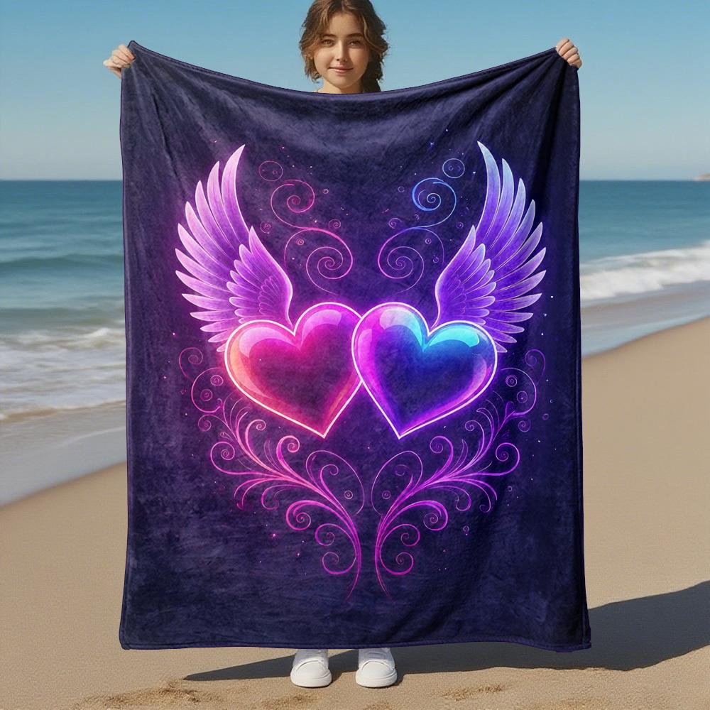 1pc Hearts Wings Outdoor Flannel Blanket Soft Warm All-Season Throw for Sofa Bed Car Camping Office, Cozy Gift Idea1319S