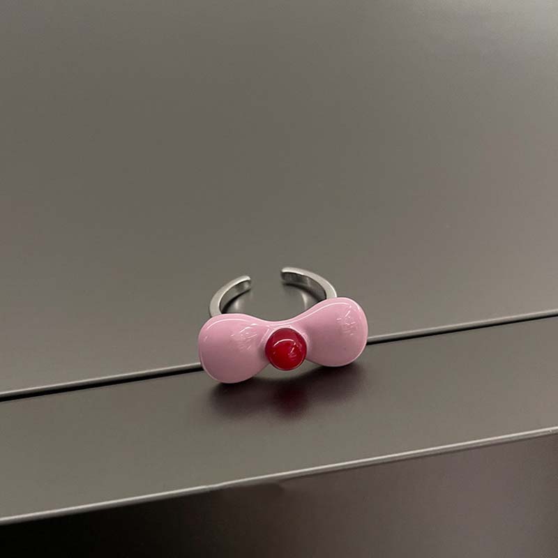 Sweet Pink Bow Heart Open Ring for Women Girls Fashion Drip Oil Moonstone Love Finger Rings Y2K Wedding Jewelry Accessories