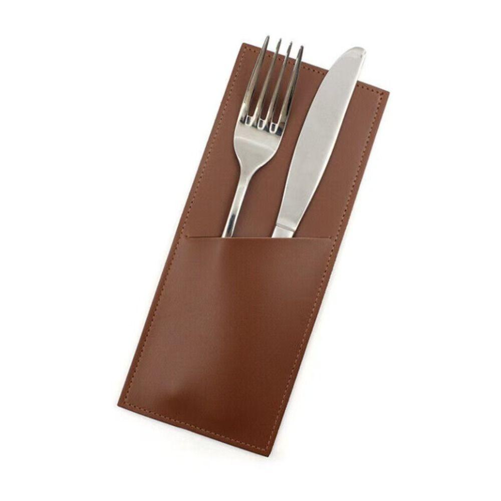 PU Leather Cutlery Storage Bag 3 Pocket Simple Design Utensil Storage Pouch Rectangular Multi-functional Forks Spoons Organizer