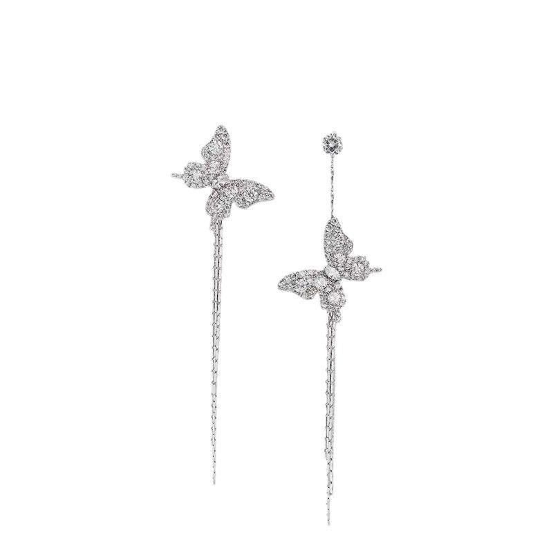 Exquisite S925 Silver Butterfly Tassel Earrings with Full Diamonds - High-End Niche Style Worn by Internet Celebrities