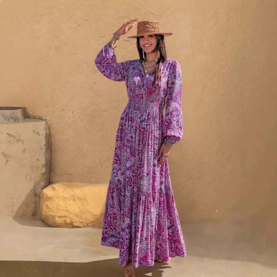 

Women s Floral Boho Long Sleeve Maxi Dress V Neck Waist Swing Flowy Wedding Guest Dress Lightweight Maxi Spring Summer Party Boho Dresses for Women S