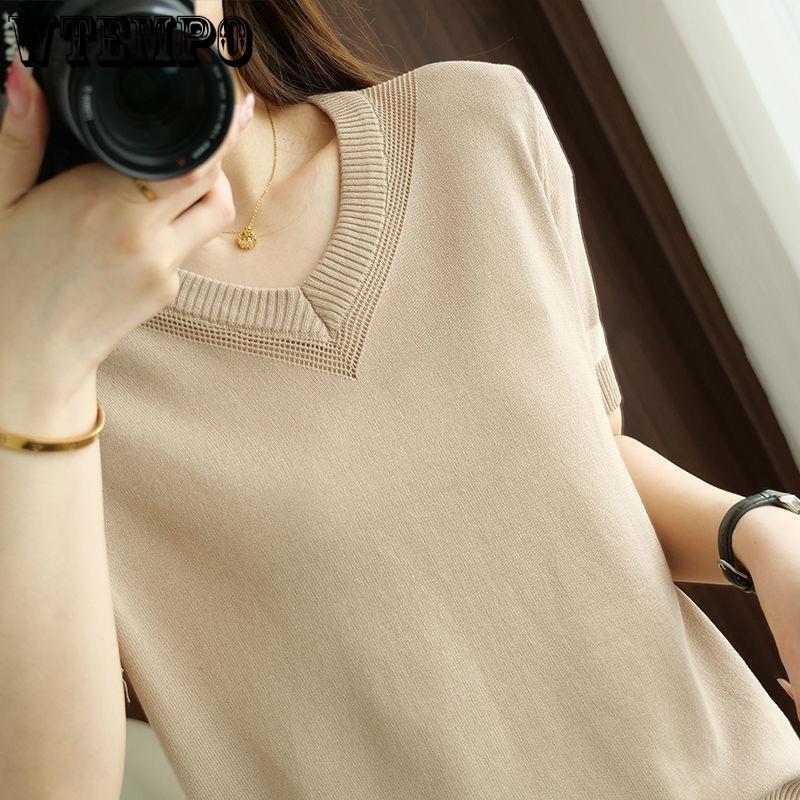 Women's Ice Silk Knitted T-shirt Hollow Out Color Blocked Knitted Shirt Loose Western Style Top
