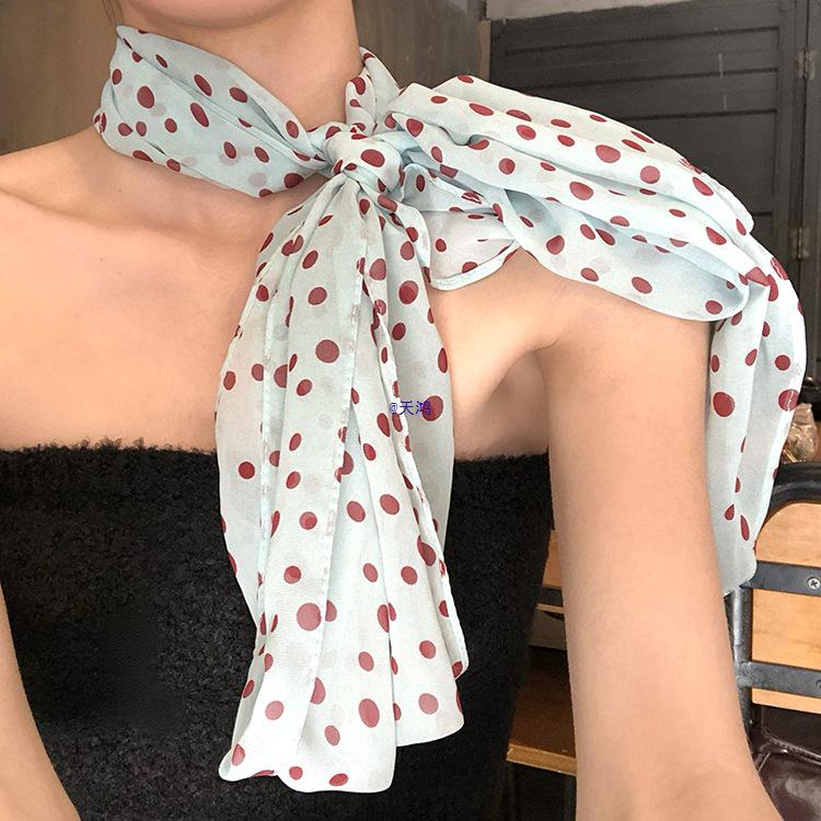 2025 New Women's Versatile French Polka Dot Silk Scarf: Spring/Summer Long Neck Tie & Headband